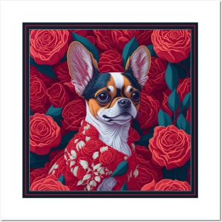 Dogs, Chihuahua and flowers, dog, seamless print, style vector (red version Chihuahua) Posters and Art